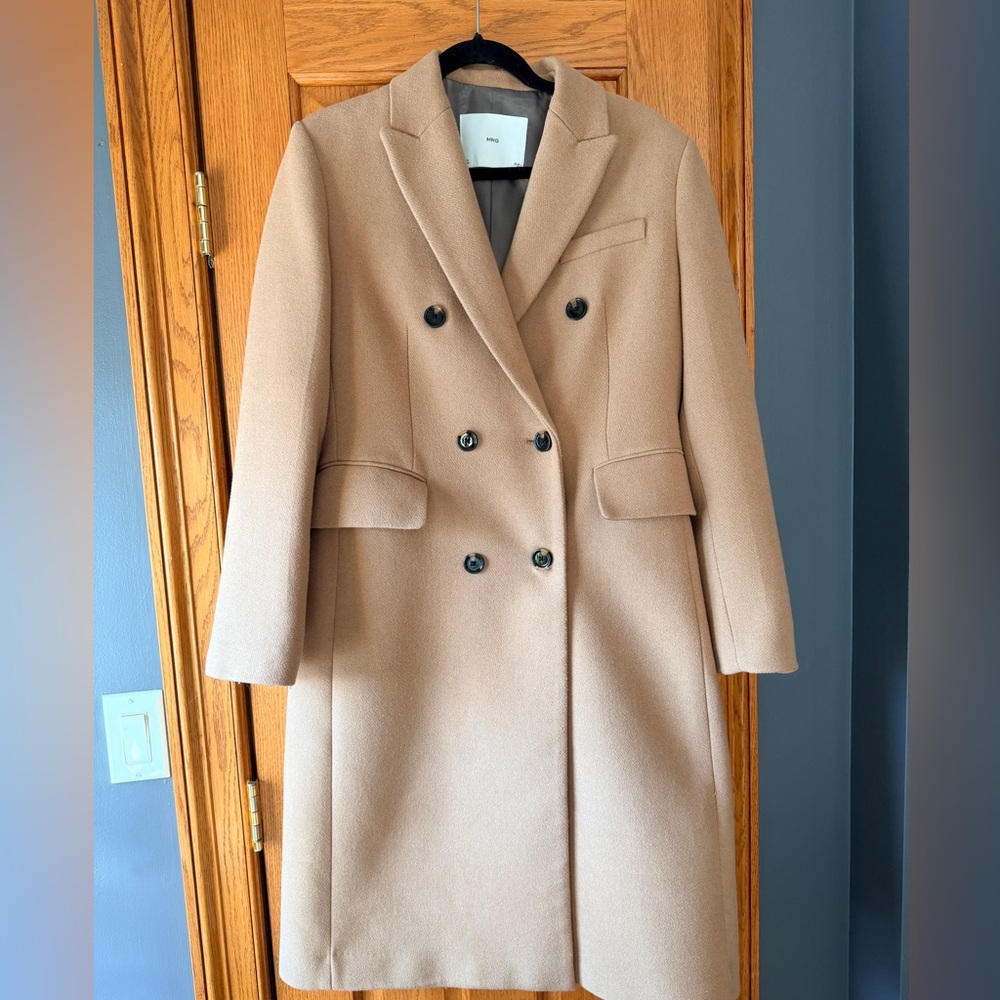 Mango Classic Tan Double-Breasted Wool Blend Coat
